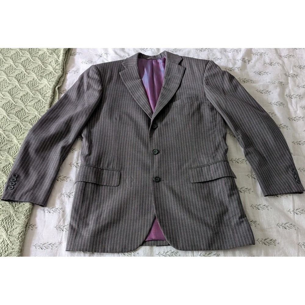 Men's Tom James Executive Pinstripe Jacket 40x32 Gray Purple Silky Lined Blazer
